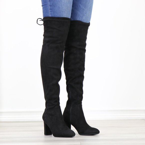 Pointy Toe Black Faux Suede Thigh High Over The Knee Block High Heel Boots - Picture 2 of 15